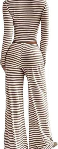 Womens Striped 2 Piece Outfits Casual Square Neck Cropped Top Drawstring Wide Leg Pants Matching Pajamas Set in Saudi Arabia