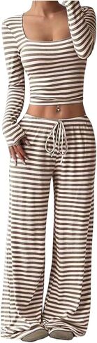 Womens Striped 2 Piece Outfits Casual Square Neck Cropped Top Drawstring Wide Leg Pants Matching Pajamas Set in Saudi Arabia