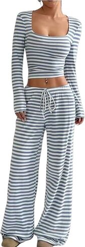 Womens Striped 2 Piece Outfits Casual Square Neck Cropped Top Drawstring Wide Leg Pants Matching Pajamas Set in Saudi Arabia