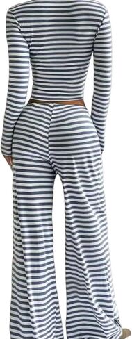 Womens Striped 2 Piece Outfits Casual Square Neck Cropped Top Drawstring Wide Leg Pants Matching Pajamas Set in Saudi Arabia