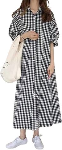 chouyatou Women's Summer Casual Short Sleeve Cotton Gingham Dress Plaid Midi Long Shirt Dress in Saudi Arabia