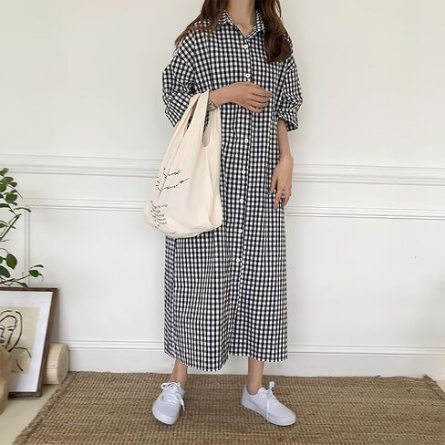 chouyatou Women's Summer Casual Short Sleeve Cotton Gingham Dress Plaid Midi Long Shirt Dress in Saudi Arabia