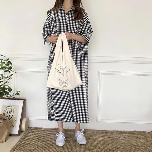 chouyatou Women's Summer Casual Short Sleeve Cotton Gingham Dress Plaid Midi Long Shirt Dress in Saudi Arabia