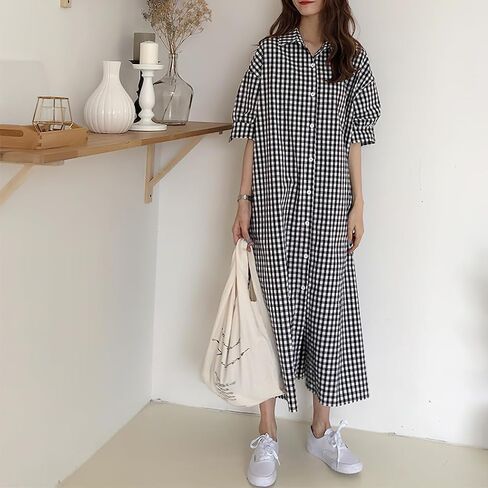 chouyatou Women's Summer Casual Short Sleeve Cotton Gingham Dress Plaid Midi Long Shirt Dress in Saudi Arabia