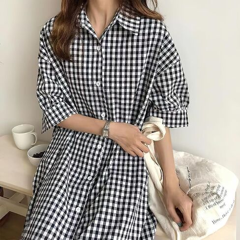 chouyatou Women's Summer Casual Short Sleeve Cotton Gingham Dress Plaid Midi Long Shirt Dress in Saudi Arabia