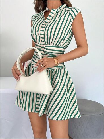 SOLY HUX Women's Striped Button Down Shirt Dress Elegant Ruched Cap Sleeve Mini Work Dresses with Pockets in Saudi Arabia
