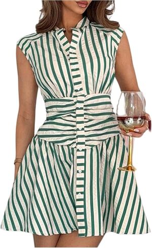 SOLY HUX Women's Striped Button Down Shirt Dress Elegant Ruched Cap Sleeve Mini Work Dresses with Pockets in Saudi Arabia