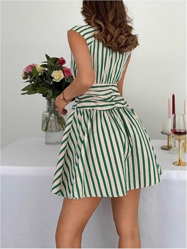 SOLY HUX Women's Striped Button Down Shirt Dress Elegant Ruched Cap Sleeve Mini Work Dresses with Pockets in Saudi Arabia