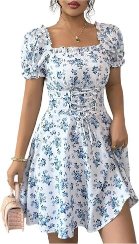 Floerns Women's Floral Puff Sleeve A Line Dress Lace Up Square Neck Summer Mini Dresses in Saudi Arabia