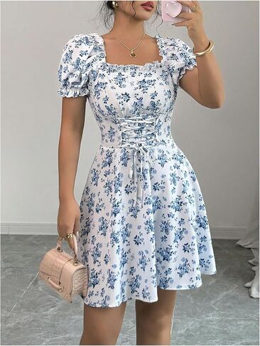 Floerns Women's Floral Puff Sleeve A Line Dress Lace Up Square Neck Summer Mini Dresses in Saudi Arabia