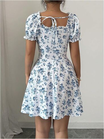 Floerns Women's Floral Puff Sleeve A Line Dress Lace Up Square Neck Summer Mini Dresses in Saudi Arabia