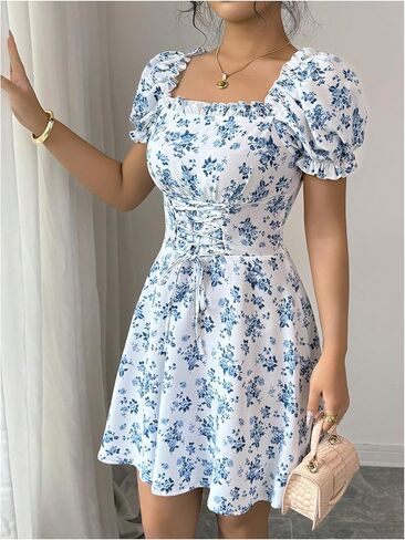 Floerns Women's Floral Puff Sleeve A Line Dress Lace Up Square Neck Summer Mini Dresses in Saudi Arabia