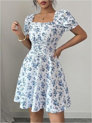 Floerns Women's Floral Puff Sleeve A Line Dress Lace Up Square Neck Summer Mini Dresses in Saudi Arabia