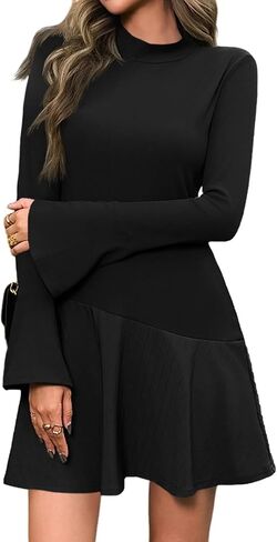 Wenrine Womens Long Bell Sleeve Mini Dress Casual Mock Neck Ruffle Hem Slim Fit Fall Knit Dresses in Saudi Arabia
