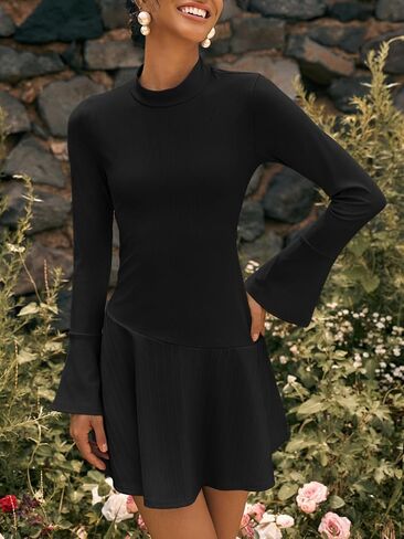 Wenrine Womens Long Bell Sleeve Mini Dress Casual Mock Neck Ruffle Hem Slim Fit Fall Knit Dresses in Saudi Arabia