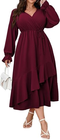 Womens Plus Size Wedding Guest Cocktail Maxi Dress Faux Wrap V Neck Long Sleeve Ruffle Hem Split Long Dress in Kuwait