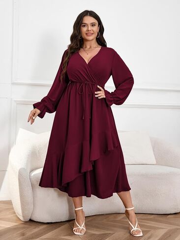 Womens Plus Size Wedding Guest Cocktail Maxi Dress Faux Wrap V Neck Long Sleeve Ruffle Hem Split Long Dress in Kuwait