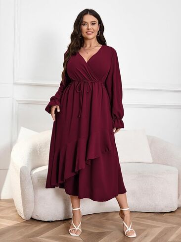 Womens Plus Size Wedding Guest Cocktail Maxi Dress Faux Wrap V Neck Long Sleeve Ruffle Hem Split Long Dress in Kuwait