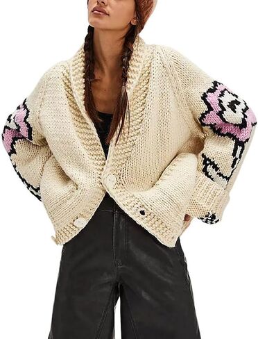 chouyatou Women's Fall Casual 2025 Floral Sweater Cardigans Oversized Button Down Chunky Knit Sweater Coatigan in Saudi Arabia