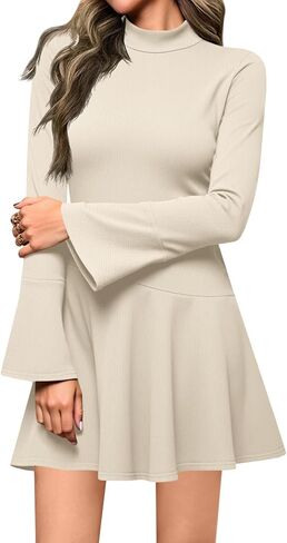 فستان نسائي قصير بأكمام جرس طويلة من Wenrine، كاجوال برقبة وهمية وحاشية مكشكشة، فساتين خريفية منسوجة in Kuwait