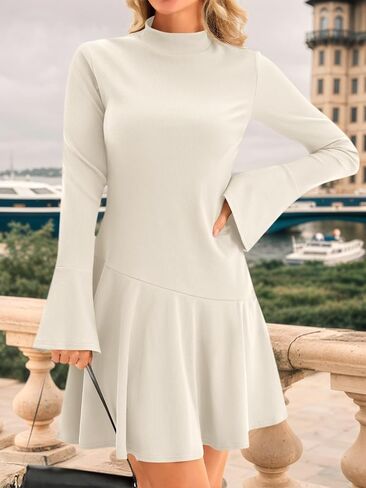 فستان نسائي قصير بأكمام جرس طويلة من Wenrine، كاجوال برقبة وهمية وحاشية مكشكشة، فساتين خريفية منسوجة in Kuwait