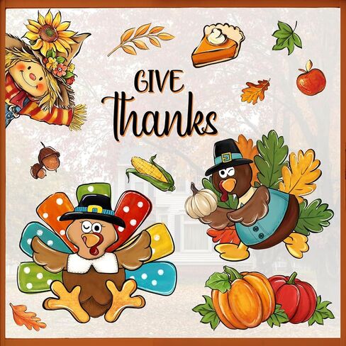 Mfault Thanksgiving Give Thanks Turkey Window Clings 4 Sheets، Fall Harvest Scarecrow Pumpkin Maple Leaves ملصقات الشارات الزينة، الخريف فطيرة التفاح الذرة الجوزة مزرعة ديكور المنزل المطبخ in Saudi Arabia