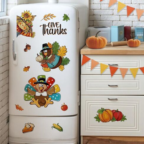 Mfault Thanksgiving Give Thanks Turkey Window Clings 4 Sheets، Fall Harvest Scarecrow Pumpkin Maple Leaves ملصقات الشارات الزينة، الخريف فطيرة التفاح الذرة الجوزة مزرعة ديكور المنزل المطبخ in Saudi Arabia
