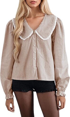 Striped Button Down Shirts for Women Casual V Neck Long Sleeve Blouse Loose Puff Sleeve Babydoll Tops Business Work in Kuwait
