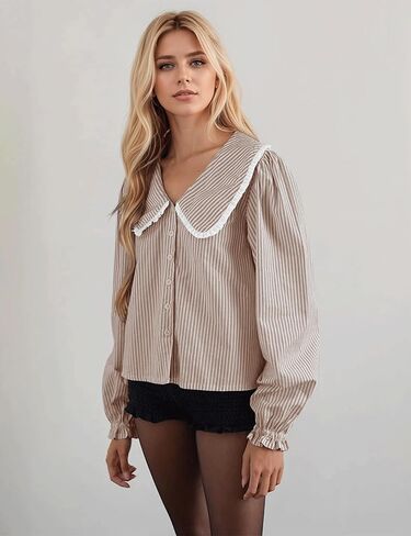Striped Button Down Shirts for Women Casual V Neck Long Sleeve Blouse Loose Puff Sleeve Babydoll Tops Business Work in Kuwait
