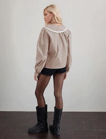 Striped Button Down Shirts for Women Casual V Neck Long Sleeve Blouse Loose Puff Sleeve Babydoll Tops Business Work in Kuwait