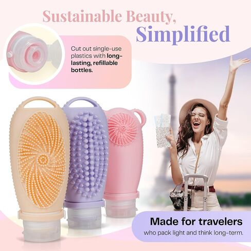 Sumina Premium Silicone Travel Bottles 3 Pack (3.4oz) | TSA Approved Leak Proof Shampoo & Toiletry Containers with Locking Strap | Refillable with 2-in-1 Scrubber in Saudi Arabia