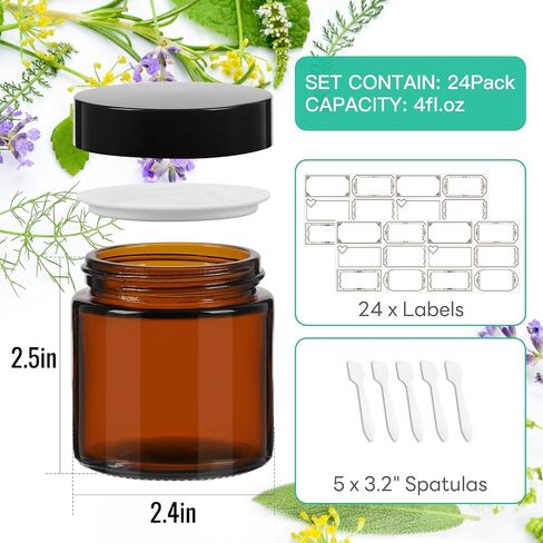 4 oz Amber Round Glass Jars with Black Lids 24 Pack- Portable Empty Glass Containers with Inner Liners for Cosmetic, Food Storage, Body Butters, Body Butter, Candle Jars in Saudi Arabia