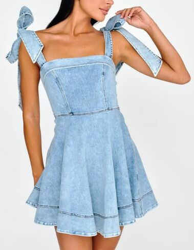utcoco Denim Dress for Women Tie Shoulder Straps Sleeveless Backless Ruffle A Line Swing Babydoll Mini Jean Dresses in Saudi Arabia