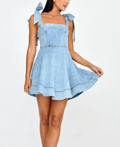 utcoco Denim Dress for Women Tie Shoulder Straps Sleeveless Backless Ruffle A Line Swing Babydoll Mini Jean Dresses in Saudi Arabia