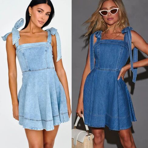 utcoco Denim Dress for Women Tie Shoulder Straps Sleeveless Backless Ruffle A Line Swing Babydoll Mini Jean Dresses in Saudi Arabia