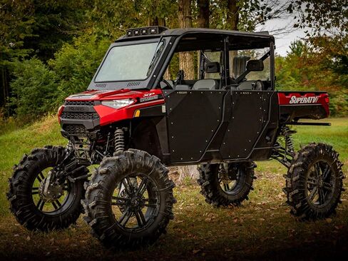 زجاج أمامي بفتحات تهوية SuperATV لموديلات Polaris Rangers وGravely وBobcat (انظر الإعداد) | زجاج أمان مصفح معتمد من وزارة النقل | تتضمن ممسحة يدوية | سهلة التركيب in Saudi Arabia