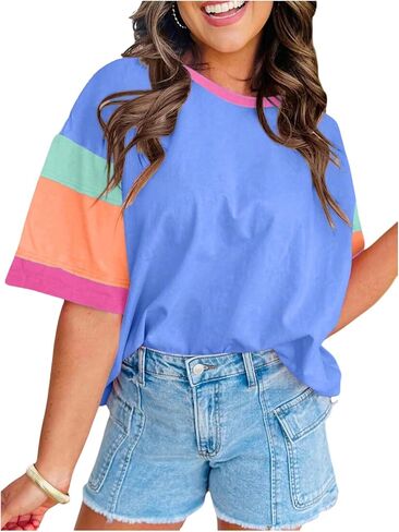 Verdusa Women's Color Block Tops Half Sleeve Drop Shoulder T Shirts in Saudi Arabia