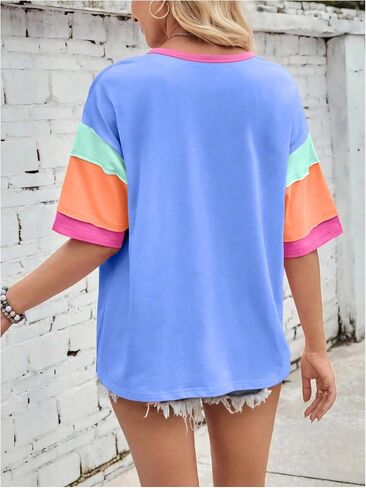 Verdusa Women's Color Block Tops Half Sleeve Drop Shoulder T Shirts in Saudi Arabia