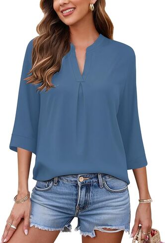 AUSELILY Womens 2025 Dressy Blouses Casual 3/4 Sleeve V Neck Pleated Work Shirts in Kuwait