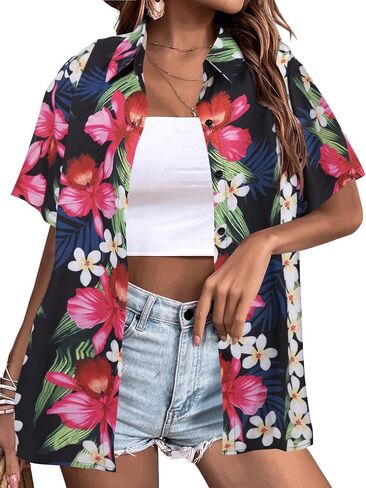 Women Hawaiian Shirt : Summer Soft Hawaii Tropical Shirts - Floral Beach Button Up Short Sleeve Top in Saudi Arabia