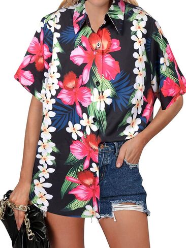 Women Hawaiian Shirt : Summer Soft Hawaii Tropical Shirts - Floral Beach Button Up Short Sleeve Top in Saudi Arabia