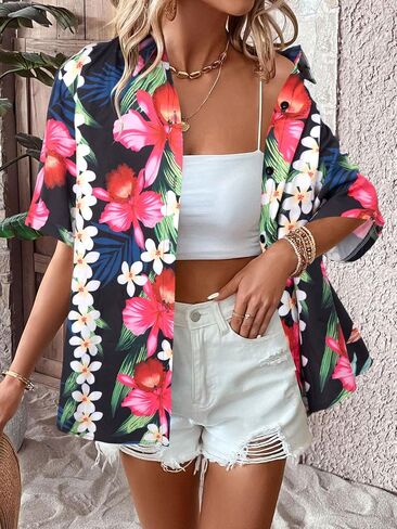Women Hawaiian Shirt : Summer Soft Hawaii Tropical Shirts - Floral Beach Button Up Short Sleeve Top in Saudi Arabia