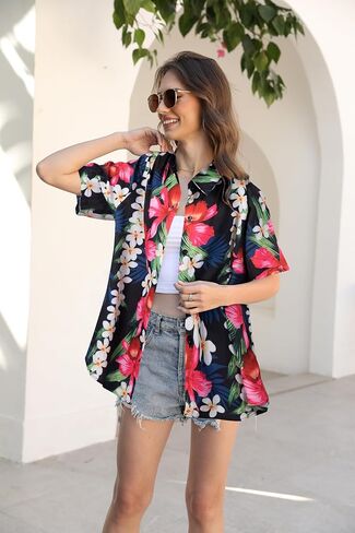 Women Hawaiian Shirt : Summer Soft Hawaii Tropical Shirts - Floral Beach Button Up Short Sleeve Top in Saudi Arabia