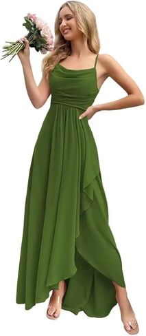 RYANTH Chiffon Long Bridesmaid Dresses for Women Spaghetti Strap A-line Prom Dress with Slit Ruffle Formal Gowns with Pockets in Kuwait