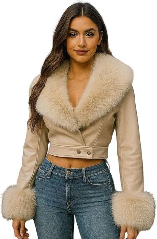 Image & Stylez Women's Fashion Faux Leather Jacket, Black/Tan S/M/L, Cropped Length, Wrap Style with Fur Collar and Cuffs in Saudi Arabia