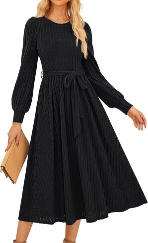 GRACE KARIN Casual Long Sleeve Dress 2025 A Line, Fall Sweater Dresses Ribbed, Crew Neck Midi Dress with Pocket in Kuwait