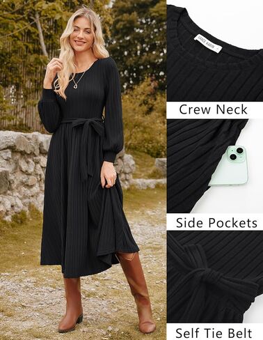GRACE KARIN Casual Long Sleeve Dress 2025 A Line, Fall Sweater Dresses Ribbed, Crew Neck Midi Dress with Pocket in Kuwait