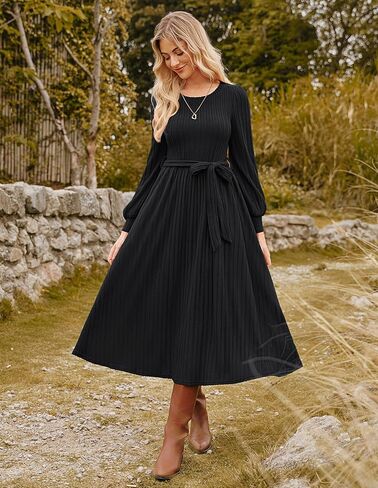 GRACE KARIN Casual Long Sleeve Dress 2025 A Line, Fall Sweater Dresses Ribbed, Crew Neck Midi Dress with Pocket in Kuwait