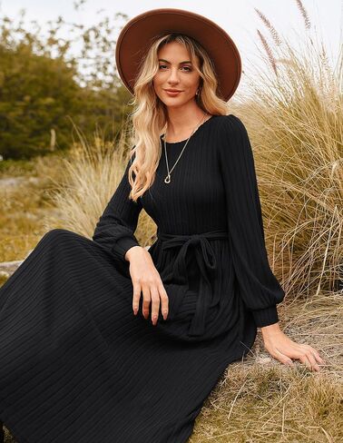 GRACE KARIN Casual Long Sleeve Dress 2025 A Line, Fall Sweater Dresses Ribbed, Crew Neck Midi Dress with Pocket in Kuwait