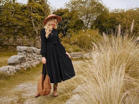 GRACE KARIN Casual Long Sleeve Dress 2025 A Line, Fall Sweater Dresses Ribbed, Crew Neck Midi Dress with Pocket in Kuwait